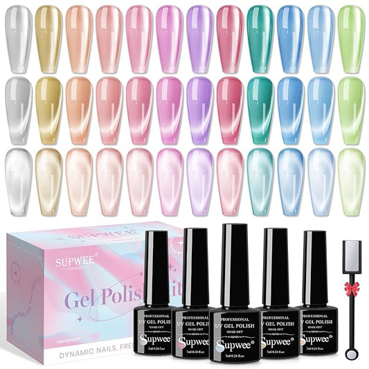 Cat Eye Gel Nail Polish - 12 Colors Silk Cateye Nail Polish Gel with Magnetic Stick Ceramic Moonlight Magnetic Gel Polish High Glossy Shine Effect Nail Art Manicure Home DIY for Women Girl