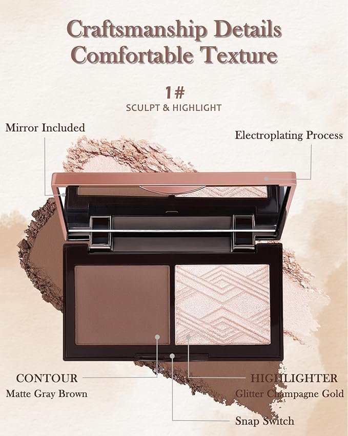 Face Contour Glitter Highlighter Powder Palette-2 in 1 Cruelty-Free Matte Bronzer Powder,Shimmer Illuminator Highlighters for a Glowing Look,Blendable Makeup Palette,Valentine's Day Gift for Women-01-VivaGrace Women