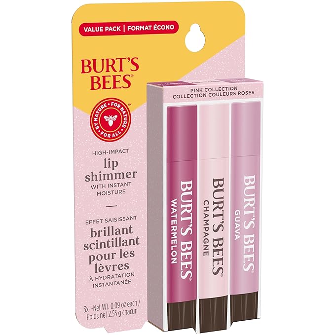 Burt's Bees Lip Shimmer Pink Collection, Tinted Lip Balm Stick, Moisturizing for All Day Hydration with Natural Glowy Pigmented Finish & Buildable Color, 3 Shades; Value Pack, 3 Tubes x 0.09 Oz-VivaGrace Women