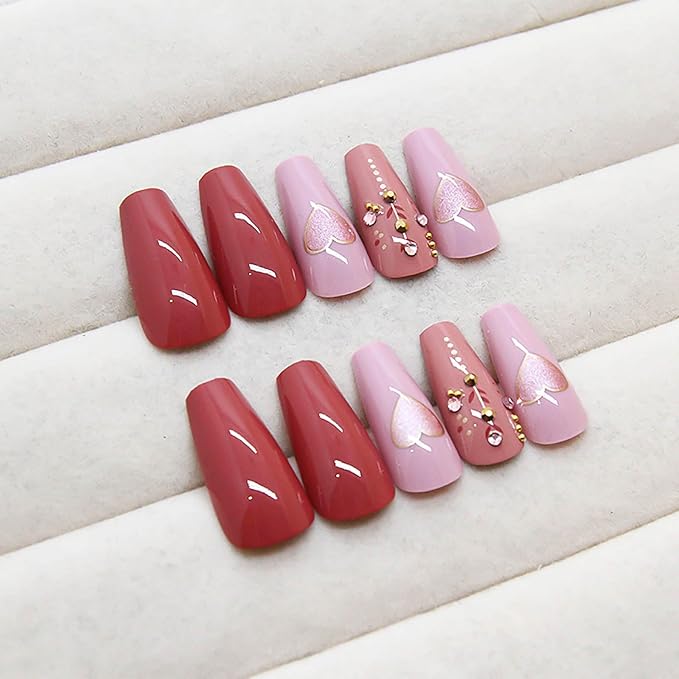 Coffin Press on Nails Medium Fake Nails Red False Nails with Glitter Heart Designs Fall Nail Press ons Glossy Artificial Nails Full Cover Glue on Nails Cute Stick on Nails for Women 24Pcs