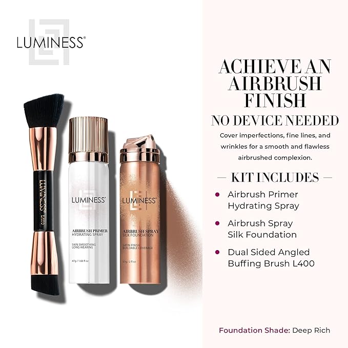 LUMINESS Airbrush Spray Silk Foundation Starter Kit - Deep Rich - Foundation, Primer & Dual-Sided Angled Buffing Brush - Medium, Buildable Coverage, Anti-Aging Formula Hydrates & Moisturizes-VivaGrace Women