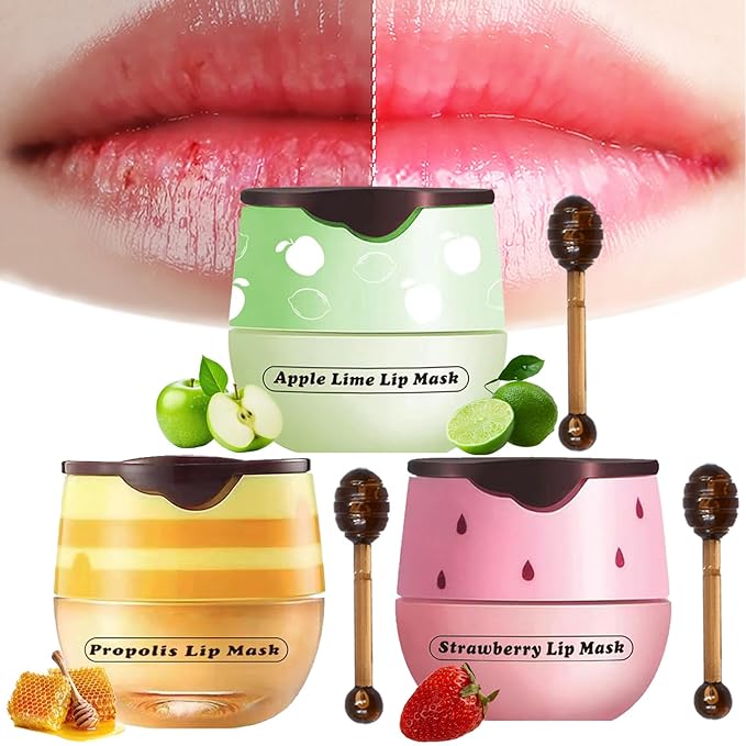 3PCS Lip Balm Honey Pot, Honey Pot Lip Balm for Dry Cracked Lips, Strawberry Lip Balm Scrubs Exfoliator & Moisturizer, Hydrating Lip Balm Honey Pot with Wand, Lip Sleeping Mask (3pcs)-VivaGrace Women
