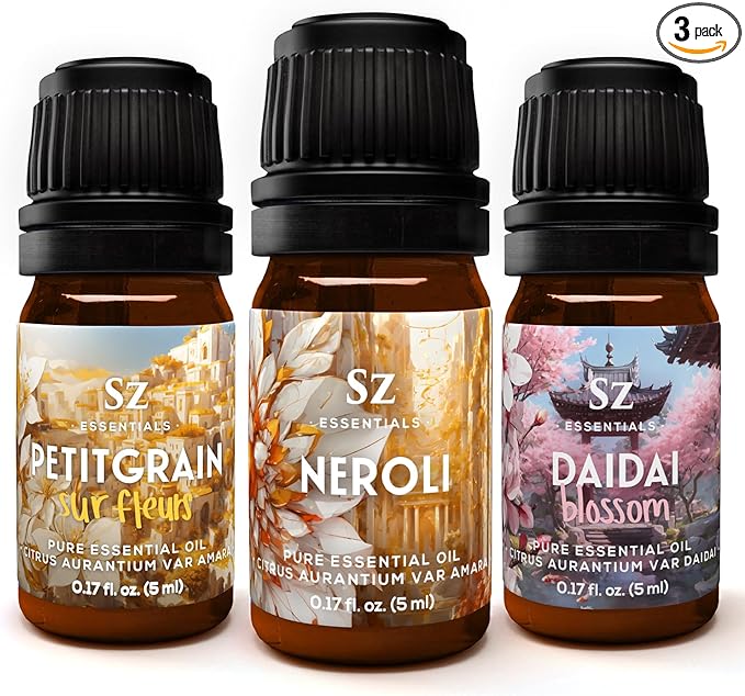 Neroli Soul Trip Essential Oils Collection- Neroli + Petitgrain Sur Fleurs + Dai Dai Blossom -Set of 3 Bottles (0.17 Fl Oz- 5ml each)- 100% Pure & Undiluted - Therapeutic Grade & Vegan-VivaGrace Women