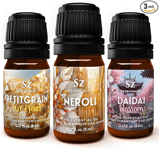 Neroli Soul Trip Essential Oils Collection- Neroli + Petitgrain Sur Fleurs + Dai Dai Blossom -Set of 3 Bottles (0.17 Fl Oz- 5ml each)- 100% Pure & Undiluted - Therapeutic Grade & Vegan-VivaGrace Women