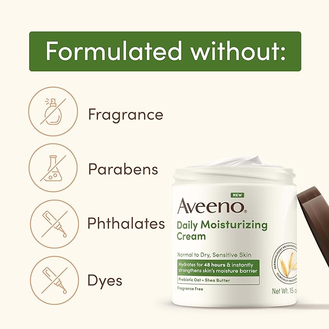 Aveeno Daily Moisturizing Cream with Prebiotic Oat & Shea Butter for Body, Face & Hands Moisturizer Cream, Hydrates Normal to Dry, Sensitive Skin, Fragrance Free, Non-Comedogenic, 20 oz-VivaGrace Women