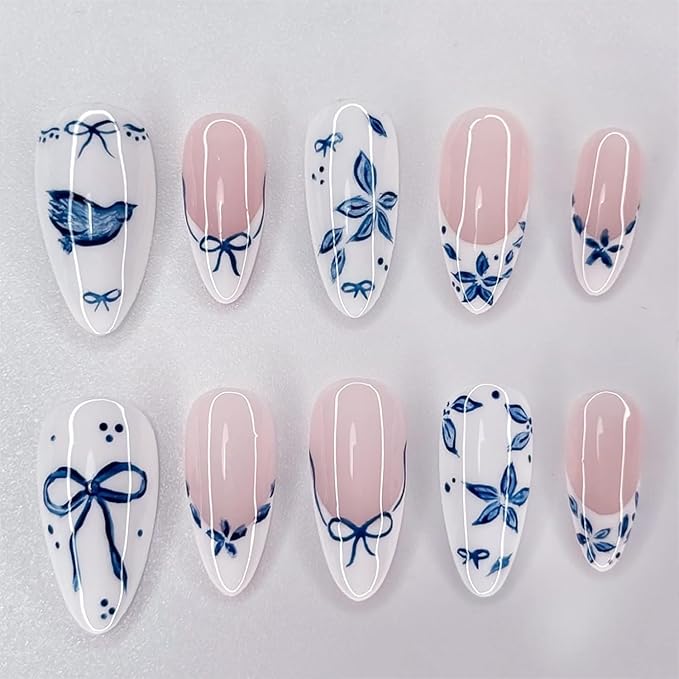 24Pcs Blue Flower Press on Nails Medium Almond French Tip Fake Nails with Bow Design White Glossy False Nails Full Cover Artificial Glue on Nails Spring Summer Stick on Nails for Women DIY Manicure