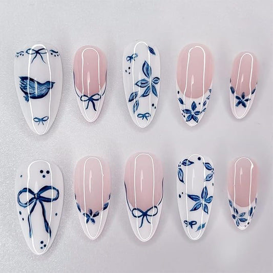 24Pcs Blue Flower Press on Nails Medium Almond French Tip Fake Nails with Bow Design White Glossy False Nails Full Cover Artificial Glue on Nails Spring Summer Stick on Nails for Women DIY Manicure