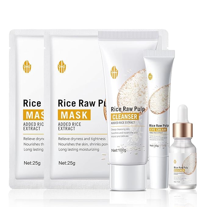 Rice Skin Care Sets For Women, 5/6Pcs Skin Care Kit, Moisturizing Skin Care Gift Set , Face Care Kit Inclusde Rice Mask, Cleanser, Toner, Lotion, Eyecream, Face Serum (5pcs Rice Raw Pulp)-VivaGrace Women