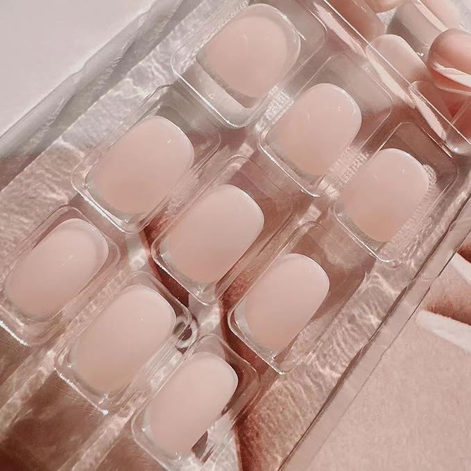 24Pcs Short Square Press on Nails Nude Pink Fake Nails with Jelly Glue White French Tip False Nail Glossy Artificial Finger Manicure Reusable Natural Fashion Nail Tips for Women