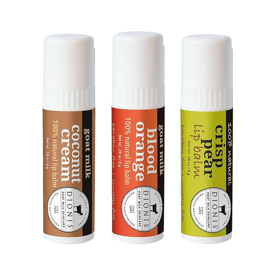Dionis Goat Milk Skincare Fruity & Delicious Lip Balm Gift Set - Beeswax, Shea Butter & Coconut Oil Lip Care Products Made in The USA - Cruelty Free Lip Moisturizer For Dry Chapped Lips, 0.28oz 3 Pk-VivaGrace Women