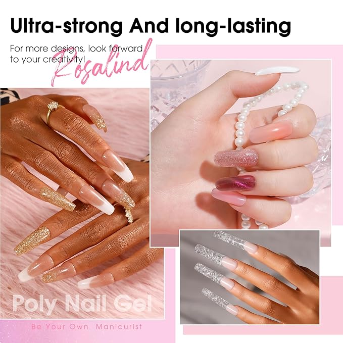 ROSALIND Poly Nail Gel Kit -12 Colors + Nail Art Accessories kit Clear Nude Poly Nails Gel Kit Starter Kit With Slip Solution Pro Nude Pink Nail Extensions Gel Set with Mini UV Lamp-VivaGrace Women