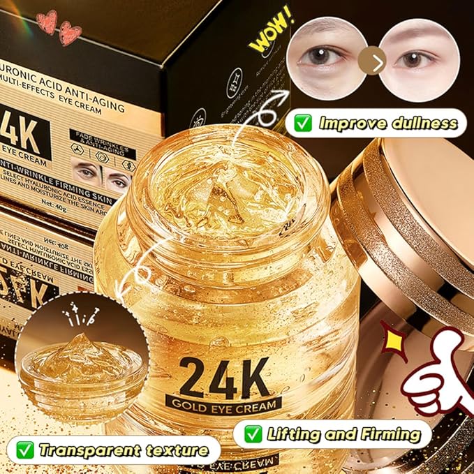 24K Gold Hyaluronic Acid Anti-Aging Multi-Effects Eye Cream - For Dark Circles & Fine Lines - With Hyaluronic Acid & Ingredient Gold, 1.4 Oz-VivaGrace Women