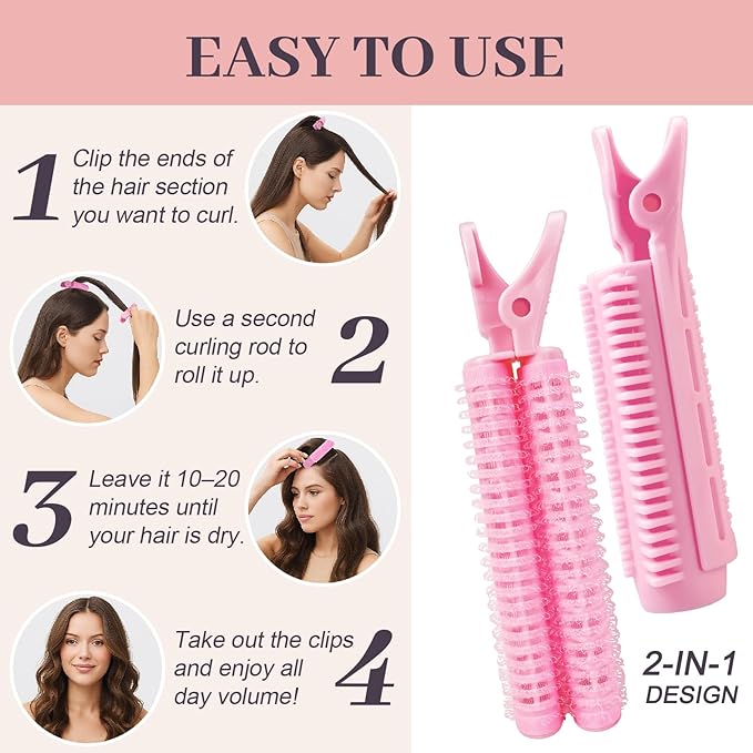 4PCS Volumizing Hair Clips for Root Lift & Volume - Instant Bangs Roller Clips for Effortless Curls & Lift - Velcro Rollers For Hair - Hair Rollers For Women - Pink-VivaGrace Women
