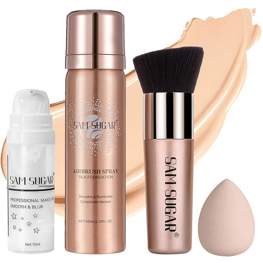 AirBrush Foundation Spray Set, Spray Foundation Makeup and Hydrating Face Primer Kit, Longwear Waterproof Liquid Matte Foundation Mist for Flawless Look, Brush and Sponge Include (#3 Nude)-VivaGrace Women