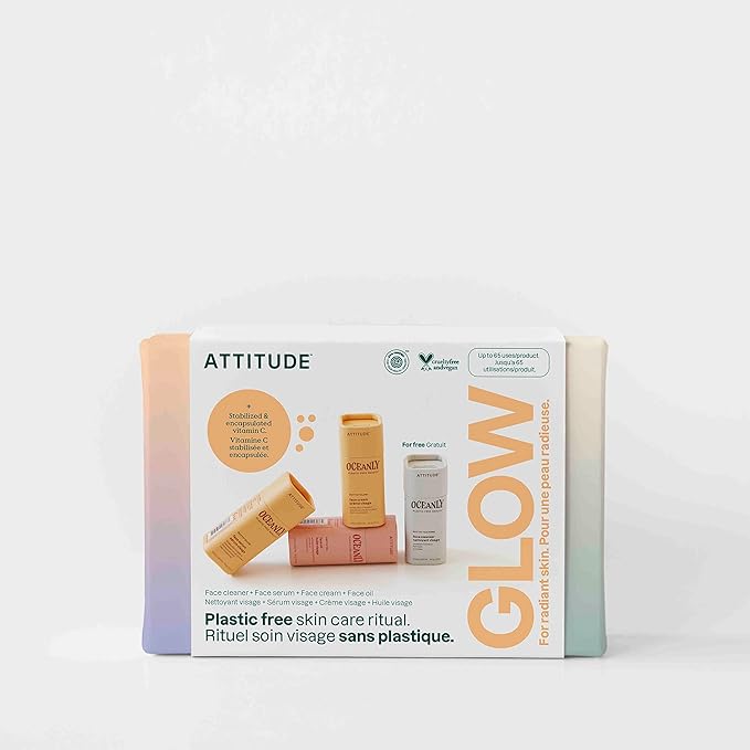 ATTITUDE Oceanly Radiant Skin Daily Facial Care Routine Box Set, EWG Verified, Plastic-free, Plant and Mineral-Based Ingredients, Vegan and Cruelty-free, PHYTO GLOW, Set of 4 Travel Size Bars-VivaGrace Women