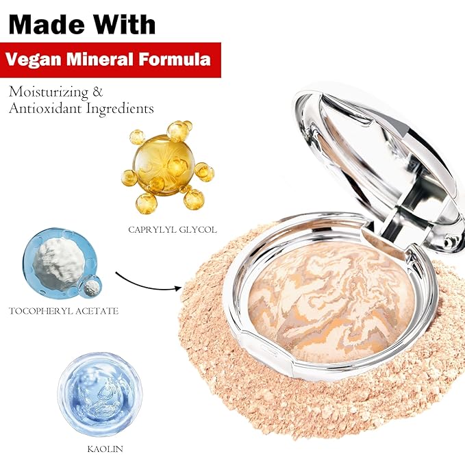 Marbleized Baked Foundation Makeup, Balance and Brighten Color Correcting Powder Foundation - Buildable Light to Medium Coverage - Demi-Matte Natural Finish (#001 FAIR, 0.32 Oz)-VivaGrace Women