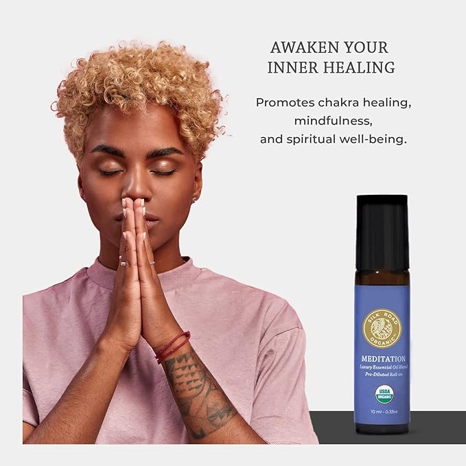 Silk Road Organic Meditation Essential Oil Empowering Blend Roll On,100% Pure USDA Certified Aromatherapy for Chakra Healing, Focus, Calming, Mindfulness & Spiritual Well-Being - 10ml Roller-VivaGrace Women
