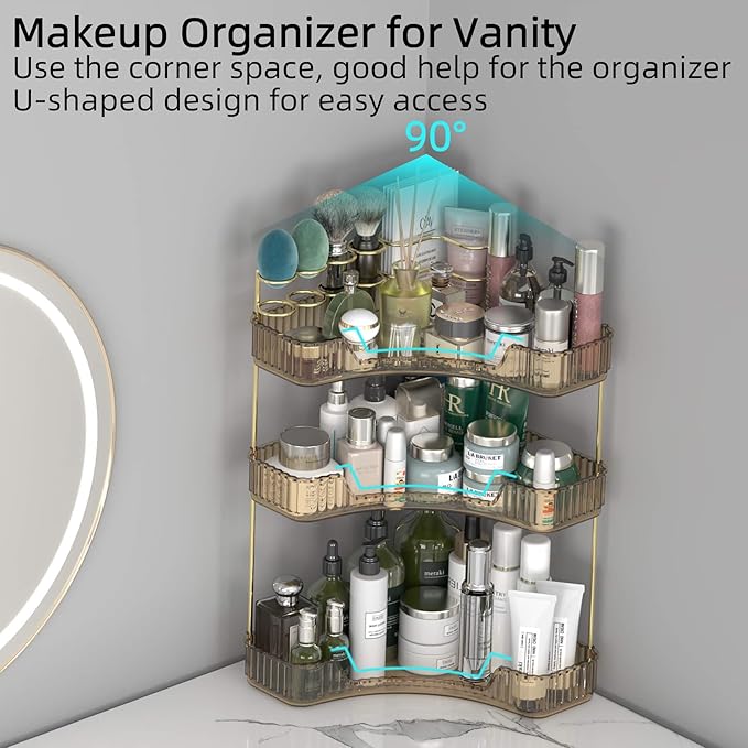 Corner Bathroom Counter Organizer with Top Toothbrush Holders, 3-Tier Make Up Organizers for Vanity with Brush Holder, Corner Storage for Bathroom, Kitchen, Dresser-VivaGrace Women