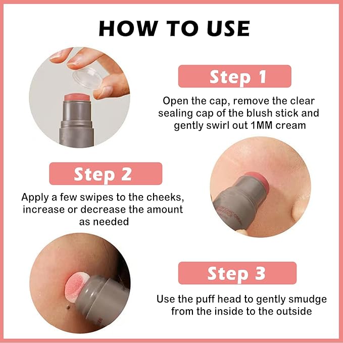 Cream Blush Stick with Sponge 3 in 1 Multi-Use Blush Makeup Stick Long Lasting Waterproof Natural Matte Cream Blush Stick for Cheeks, Lips and Eyes - Fairy Pink-VivaGrace Women