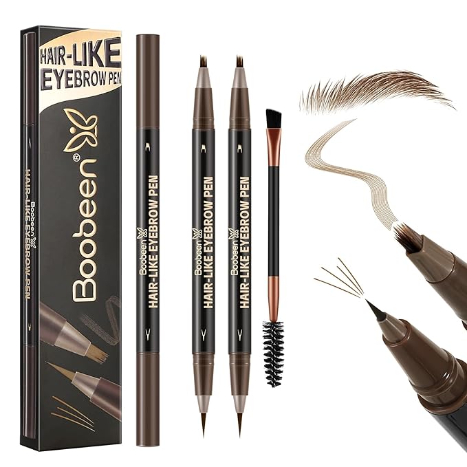 Boobeen 2pcs Waterproof Eyebrow Pen，Dual-Ended Eyeliner Microblading Eyebrow Pencil for Women，Long Lasting Hair-Like Brow Pen with Brow Brush，Dark Brown-VivaGrace Women