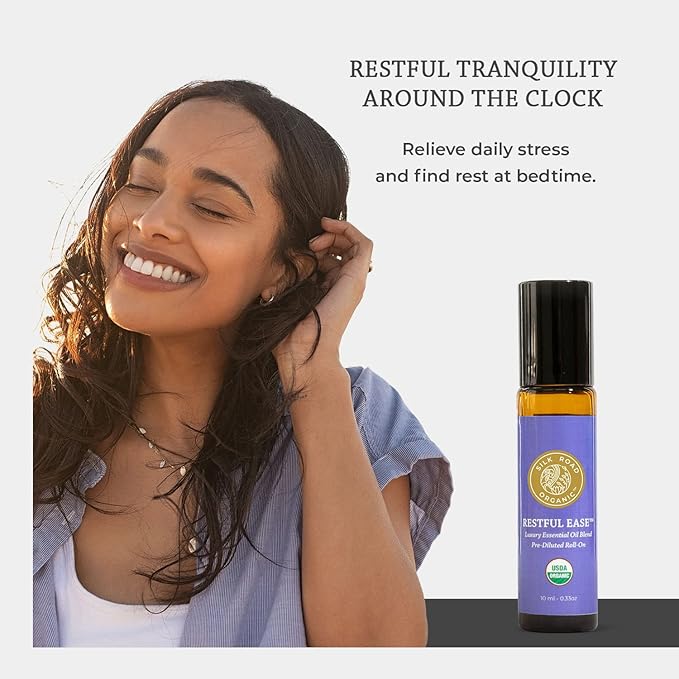 Silk Road Organic Restful Ease Essential Oil Sleep & Stress Blend Roll On - 100% Pure USDA Certified with Indian Sandalwood - Stress Ease Aromatherapy & Calming Relaxation - 10 ml Roller-VivaGrace Women