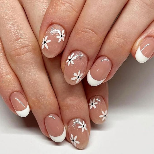 White French tips Press on Nails Medium Almond Fake Nails with Daisy Design Flower Glue on Nails Glossy Spring Nails Reusable Glitter Summer False Nails for Women Girls Manicure 24pcs