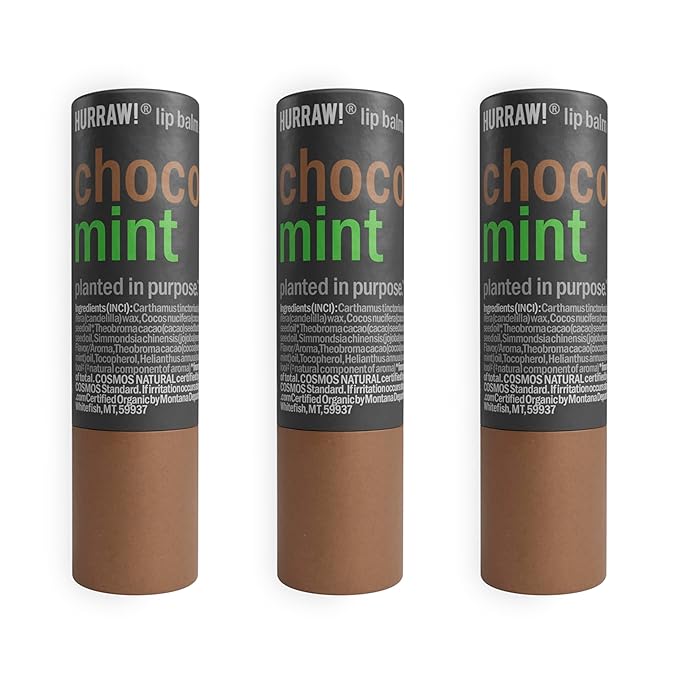 Hurraw! Chocolate & Mint Lip Balm, 3 Pack: Plastic-Free with new cardboard push-up tube. Certified Organic, All Natural Origin, Vegan & Cruelty Free. Gluten, Bee, Shea, Soy & Palm Free. Made in USA-VivaGrace Women