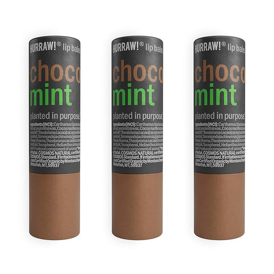 Hurraw! Chocolate & Mint Lip Balm, 3 Pack: Plastic-Free with new cardboard push-up tube. Certified Organic, All Natural Origin, Vegan & Cruelty Free. Gluten, Bee, Shea, Soy & Palm Free. Made in USA-VivaGrace Women