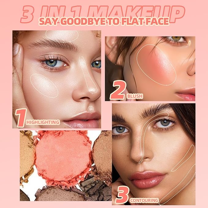 3 in 1 Contour Highlighter Blush Makeup Palette Kit, Matte Shimmer 3 Colors Highlighting Bronzing Blusher Eyeshadow Pallet, Long Lasting Full Face Eyes Contouring Shaping Makeup Set with Mirror-VivaGrace Women
