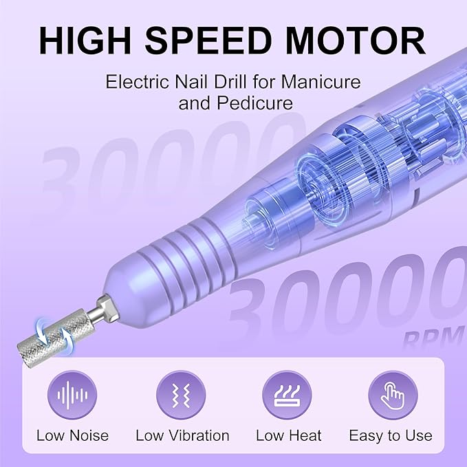 Professional Electric Nail Drill File:COSYGLOW Glitter Portable Cordless E-File Nail Drill Kit with 11 Drill Bits,30000 RPM Rechargeable Nail Drills Machine for Acrylic Nails Gel Polishing(Purple)-VivaGrace Women