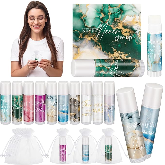 50 Sets Inspirational Lip Balm Gifts Moisturizing Lip Balm Bulk Thank You Lipstick for Guest 5 Flavors Marble Style Lip Balm with Organza Bags for Family Reunion Favor Women Stocking Gift Stuffers-VivaGrace Women