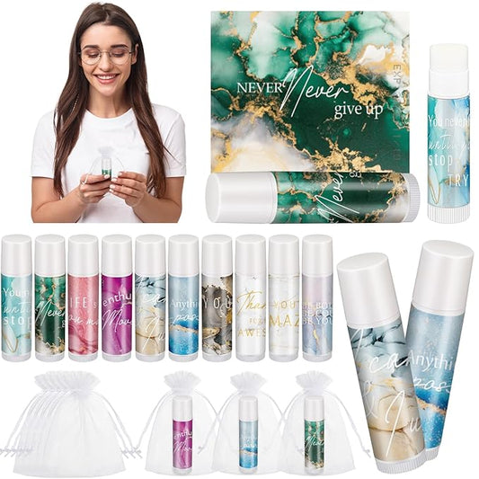 50 Sets Inspirational Lip Balm Gifts Moisturizing Lip Balm Bulk Thank You Lipstick for Guest 5 Flavors Marble Style Lip Balm with Organza Bags for Family Reunion Favor Women Stocking Gift Stuffers-VivaGrace Women