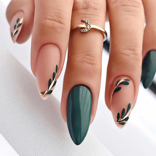 Green Press on Nails Gold Medium Almond Fake Nails Green Leaf Glue on Nails Glossy Spring Nails Artificial Acrylic Nails Press on Reusable Summer False Nails for Women Girls Manicure 24pcs