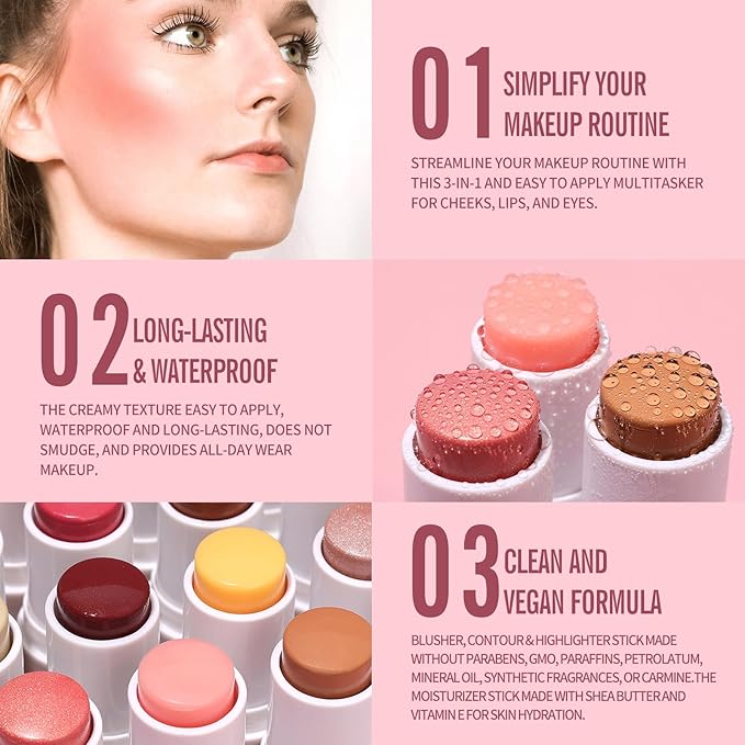 KIMUSE Multi Stick Trio Face Makeup, Cream Blush Stick for Cheeks & Lips, Moisturizer & Contour Makeup Sticks for All Skin,PEACHY PINK-VivaGrace Women
