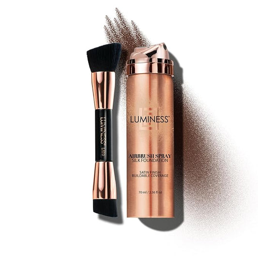 LUMINESS Silk Airbrush Spray Foundation & Buffing Brush Kit – Full Coverage Foundation & Dual-Sided Buffing Brush - Buildable Coverage, Anti-Aging Formula Hydrates & Moisturizes (Shade - Rich Dark)-VivaGrace Women