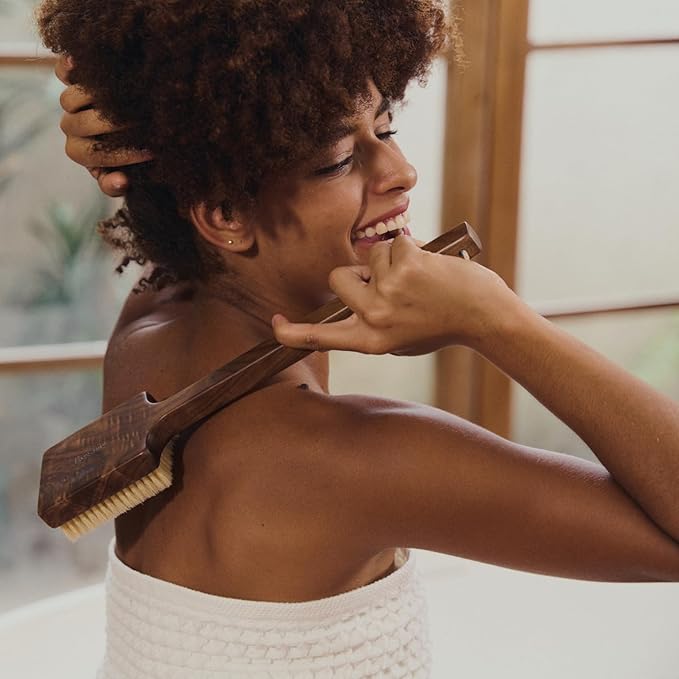 Luxury Natural Walnut Wood Boar Bristle Body Brush | Exfoliating & Detoxifying for All Skin Type | Sweeps Away Dead Skin Cells for Luminous, Smooth Skin | for Wet and Dry Use (Long Handle)-VivaGrace Women