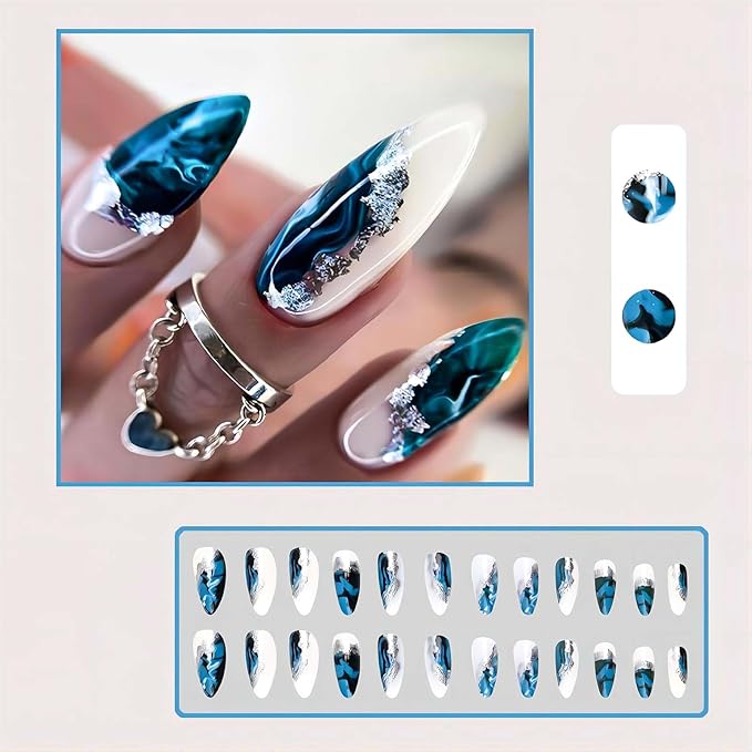 Almond Press-on Nails - Medium Length Fake Nails with Glue, Green Ombre Acrylic Designs, Silver Glitter, Dark Green Sfumato Glossy Artificial Nails, 24Pcs