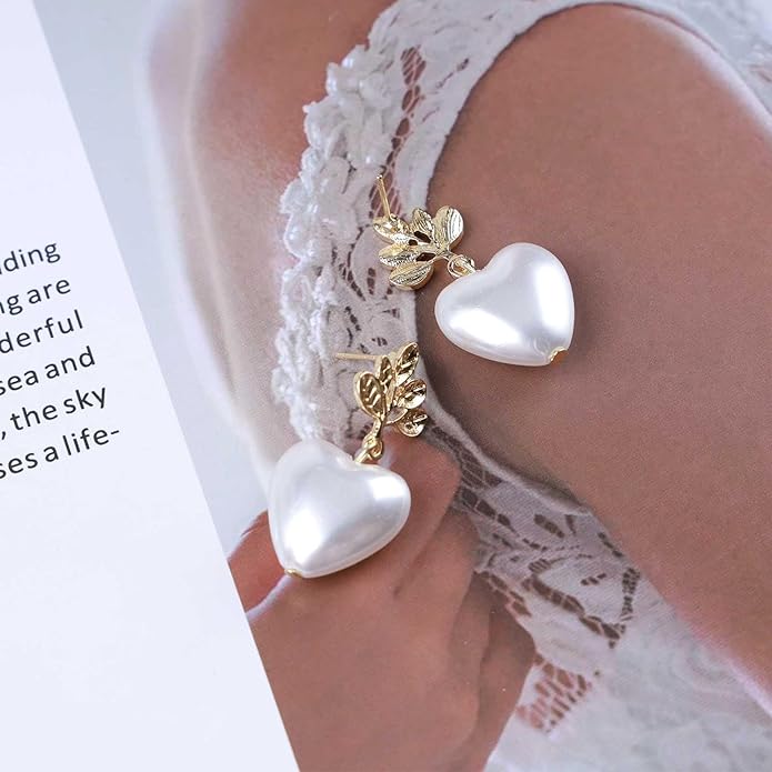Vintage Pearl Heart Drop Earrings Gold Leaf Pearl Earrings White Pearl Heart Earrings Bridal Pearl Stud Earrings Jewelry for Women-VivaGrace Women