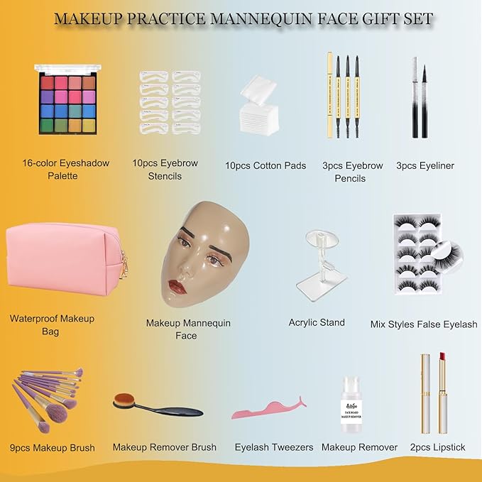 Makeup Practice Face Board, 5D Makeup Mannequin Face with Makeup Practice Kit for Makeup Artist, Beginners Face Makeup Practice, Eyelash Eyeliner Eyebrow Mapping, Come with Makeup Tools & Makeup Bag-VivaGrace Women