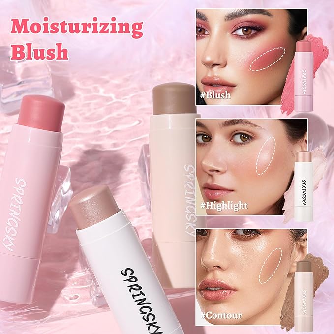 Face Stick Trio 3Pcs Multi Makeup Blush Highlighter Contour Sticks, Buildable Blendable Lightweight Cream Blush Stick for Cheeks Lips Make Up For Women (05)-VivaGrace Women