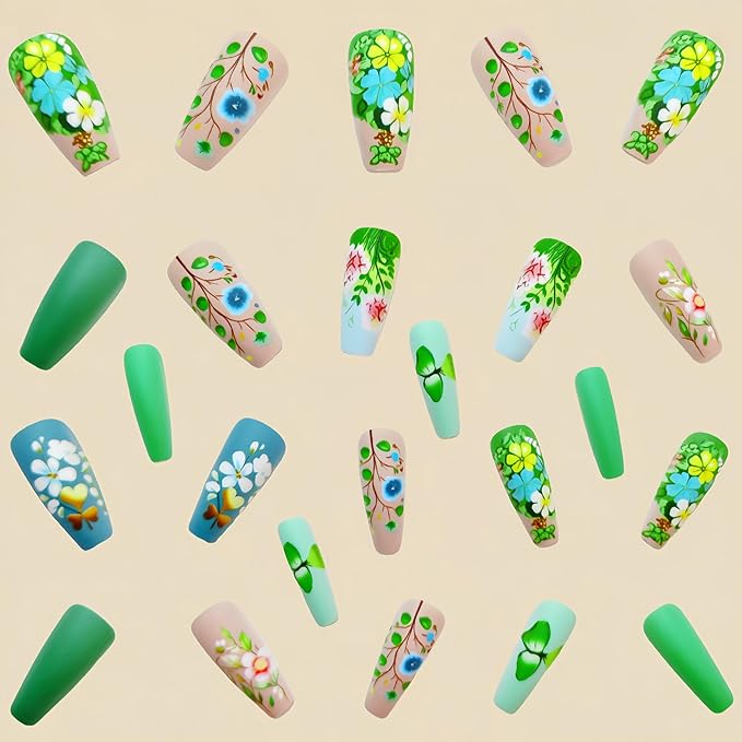 Flower Press on Nails Medium Coffin Fake Nails Spring Floral False Nails Green Glue on Nails Artificial Acrylic Nails Green Coffin Reusable Flower Nails for Women Girls