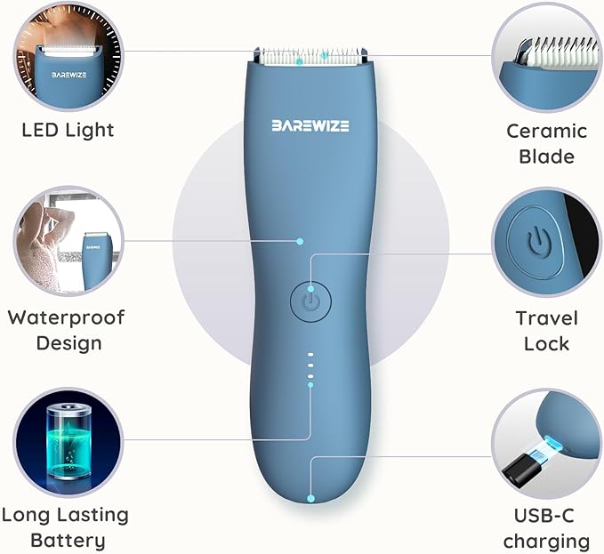 Body Hair & Pubic Hair Trimmer for Men & Women, Painless Electric Body & Bikini Shaver | Waterproof, Type-C Rechargeable, LED Light, Replaceable Blade, Manscape Personal Groomer (Denim Blue)-VivaGrace Women