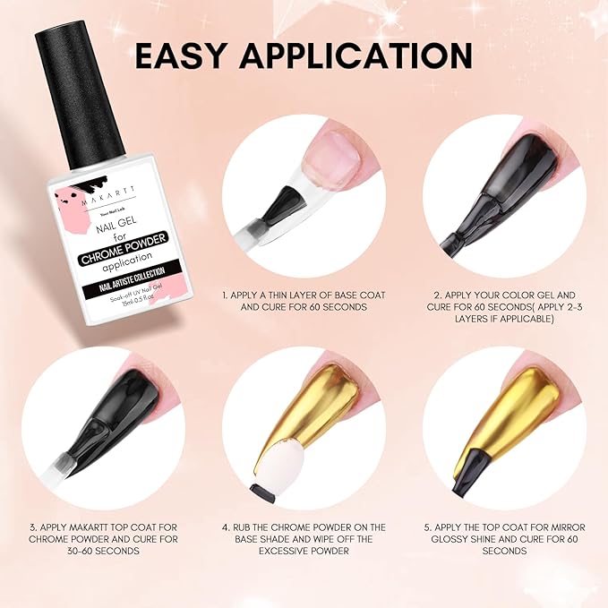 Makartt Gel Top Coat for Chrome Nail Powder - 15ml Clear No Wipe High Gloss Top Coat Gel Nail Polish Mirror Shine Long Lasting Easy Application, Soak off UV Lamp, DIY Home Salon Art Design-VivaGrace Women