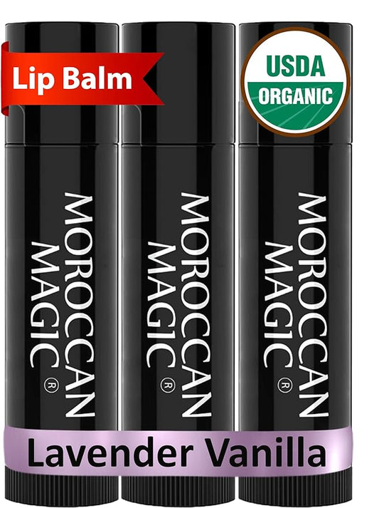 Moroccan Magic Organic Lavender Vanilla Lip Balm 3 Pack | Ultra-Hydrating Argan & Essential Oil Lip Moisturizer + Vitamin E | Natural Chapstick for Dry Lips | Smooth, Non-Toxic | Organic Lip Balm-VivaGrace Women