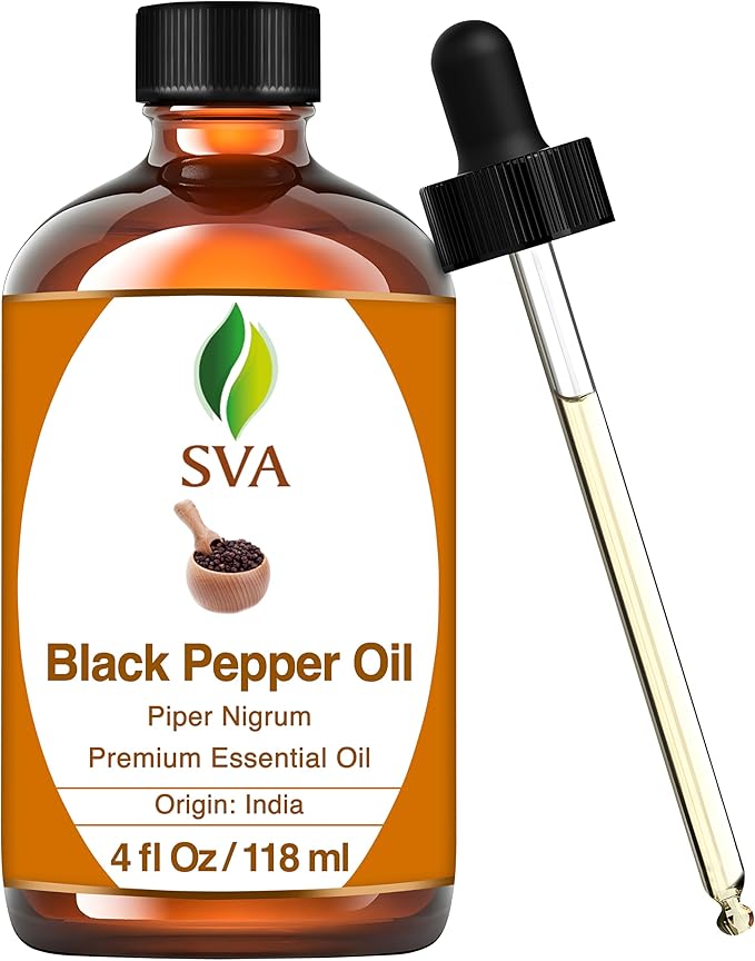 SVA Black Pepper Essential Oil – 4 Fl Oz – 100% Natural Black Pepper Oil - for Diffuser, Hair Care, Face, Skin Care, Aromatherapy, Scalp and Body Massage, Soap and Candle Making – with Dropper-VivaGrace Women
