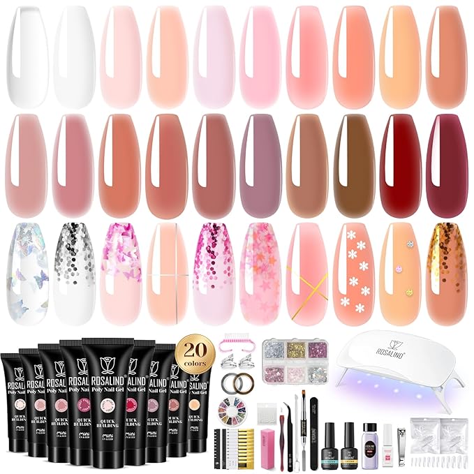 Poly Nail Gel Kit -20 Colors + 76 Nail Art Accessories ROSALIND Nude Clear Poly Nails Gel Kit Starter Kit with Slip Solution Nude Pink Nails Extensions with Mini UV Lamp-VivaGrace Women