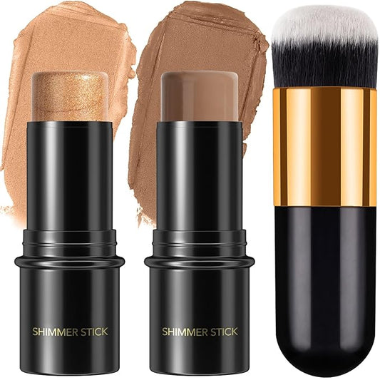 2Pcs Cream Contour Stick Makeup Kit, Cream Highlighter Stick and Bronzer Contour Stick with Longwear Waterproof Formula for Brightening and Trimming the Cheeks, Makeup Brush Include (#05, 10)-VivaGrace Women