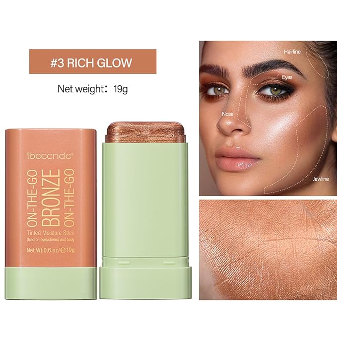 On-The-Go Bronzer Stick,Multi-Use Cream Contour Stick,Natural Long Lasting Face Bronzer,Smooth Highlighter Contour Stick,Bronze Contour Makeup Facial Shaping,03 Rich Glow-VivaGrace Women