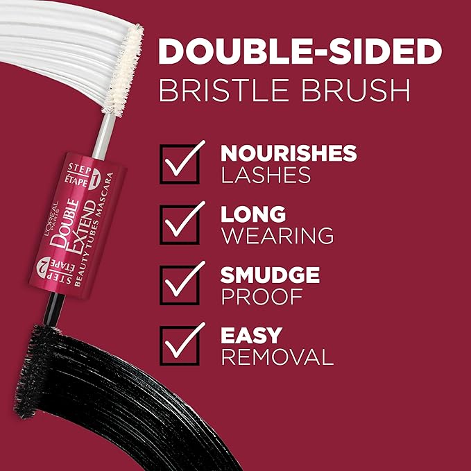 L'Oreal Paris Makeup Double Extend Tubing Mascara, Lengthening 2 Step Mascara, Smudgeproof, Black, Pack of 2