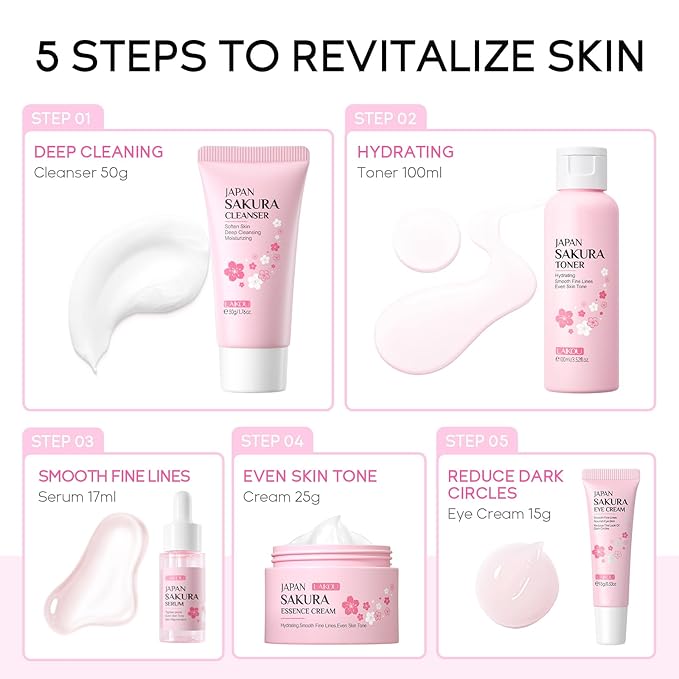 Skin Care Set JAPAN SAKURA Women Beauty Gift Sets Skin Care Kit with Cleanser, Toner, Serum, Eye Cream, Face Cream Travel Kit for Women Teen Girls Mom Daughter Birthday TSA-friendly Sizes 5pcs-VivaGrace Women